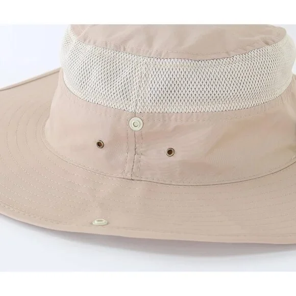 Unisex Light Khaki 100% Polyester Wide Brim Boonie Mesh Chin Strap Bucket Hat - Picture 4 of 6